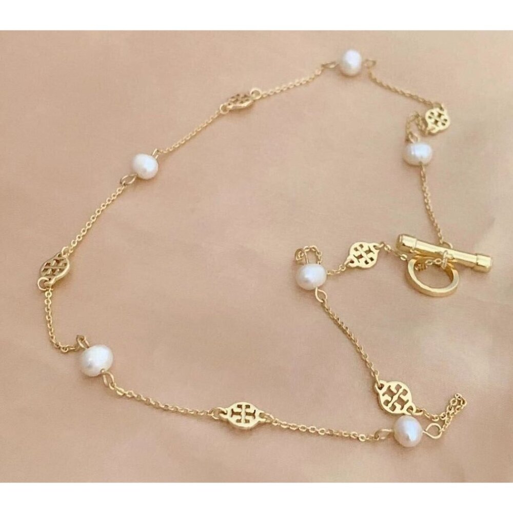Tory Burch Gold Chain Necklace With Pearls & Logo Charms For Women - Picture 3 of 3